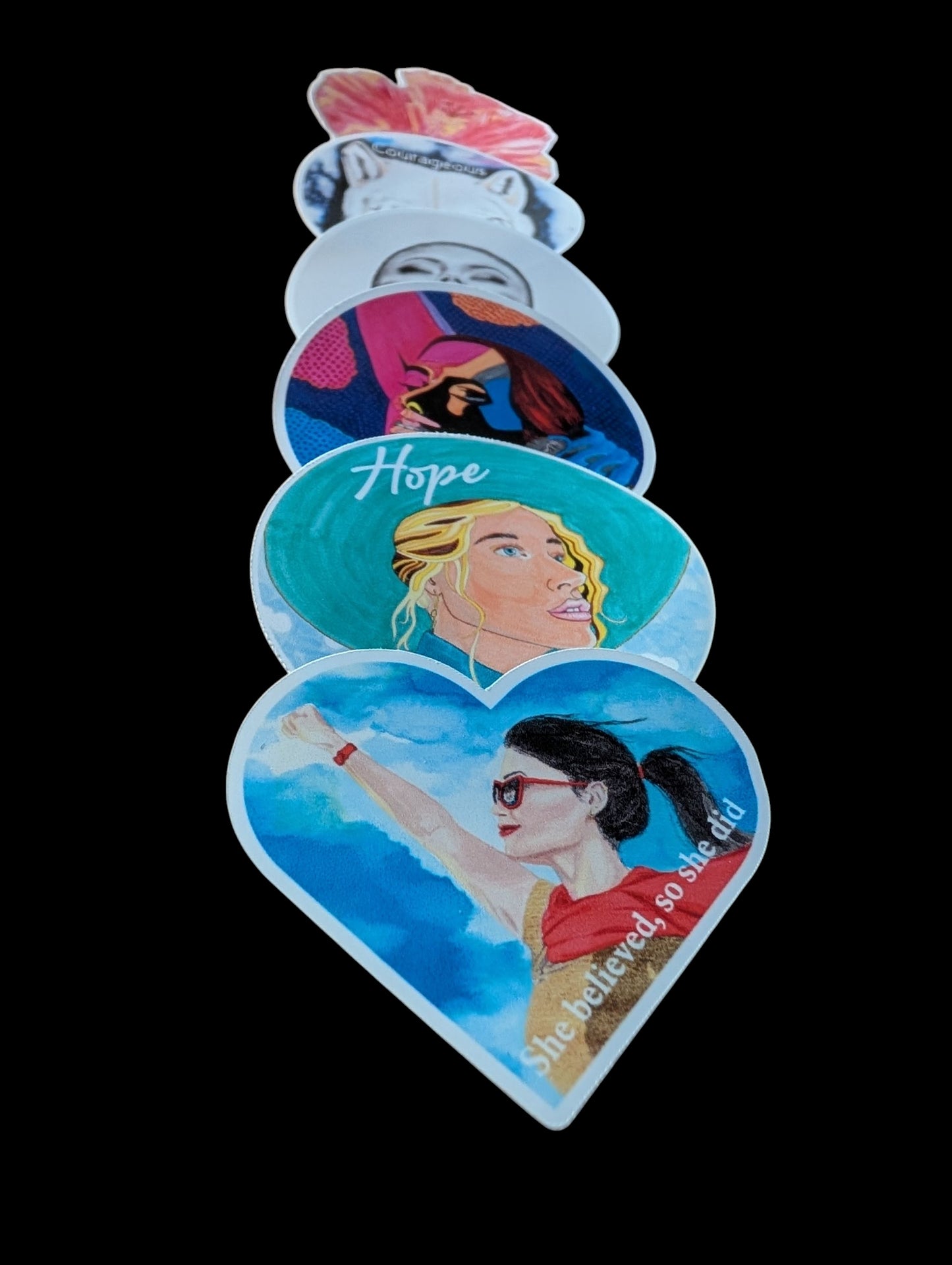 Stickers - 6 pack GLOSSY Artistic and empowering Quote Sticker Pack – Original Artwork | Set of 6 | Inspirational Waterproof Stickers | approx 50mm