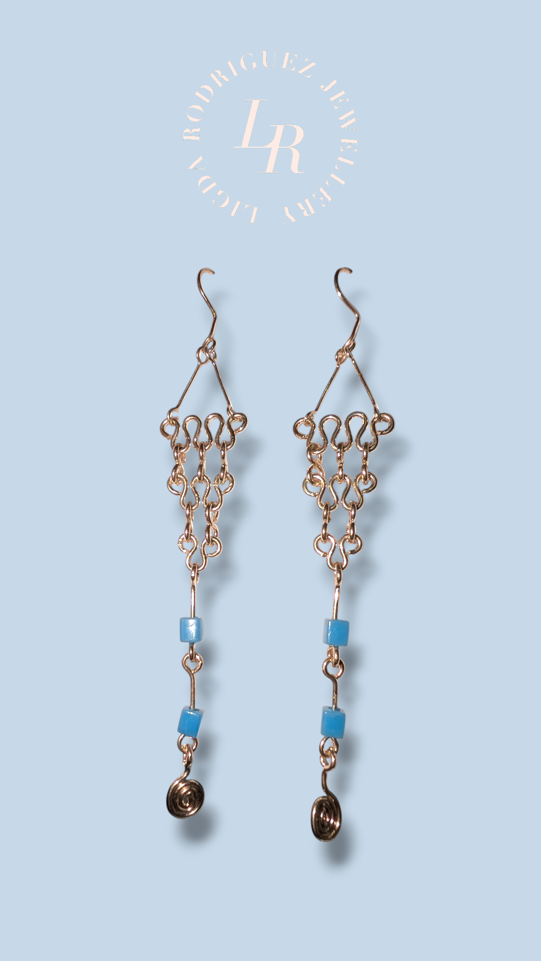 Silver Layered Woven Copper and Blue Bead Dangle Earrings