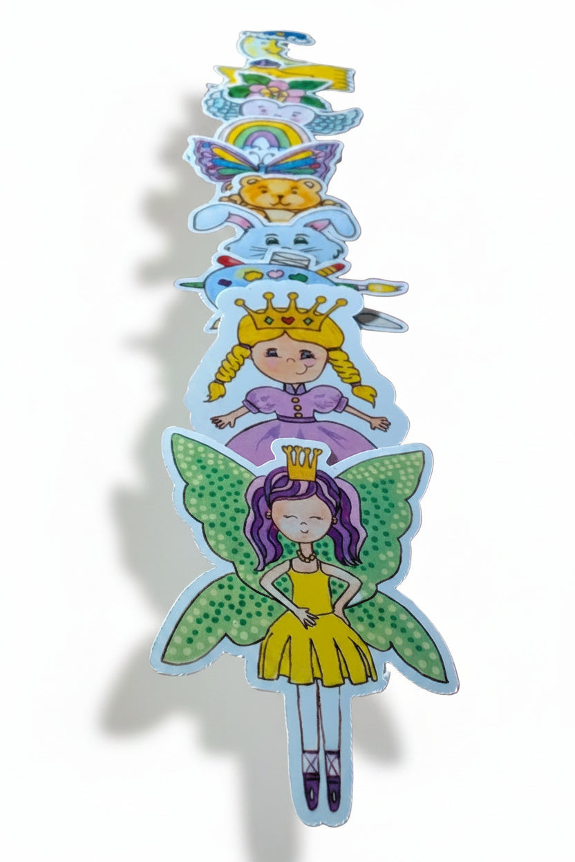 Stickers - GLOSSY Magical Enchanted Sticker Pack – 11 Whimsical Stickers | Princess, Fairy, Rainbow & More | Original Hand-Drawn Art| approx 50mm