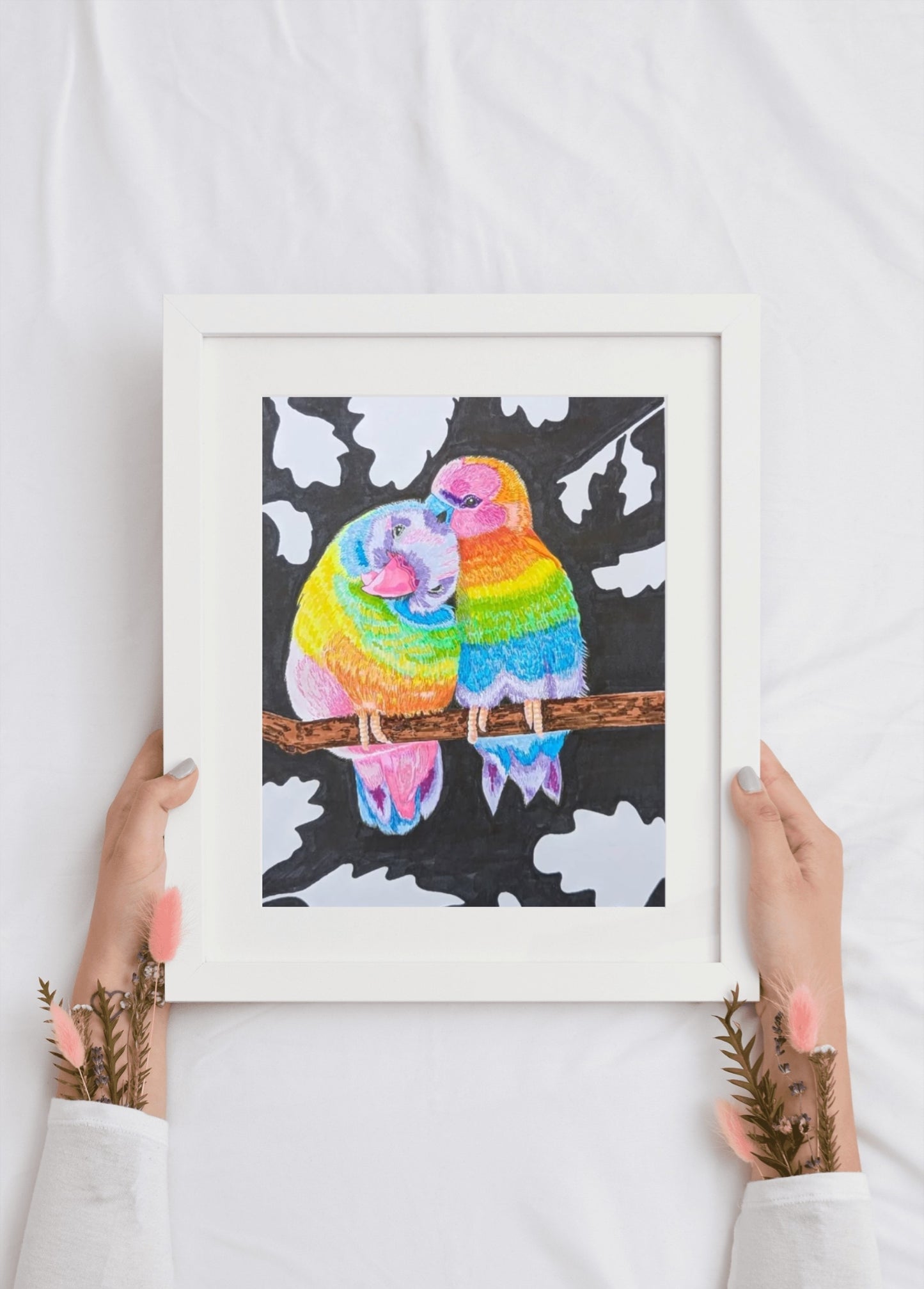 Original Bird's couple Multicolour drawing wall art size A4 in Markers and paper - Unframed