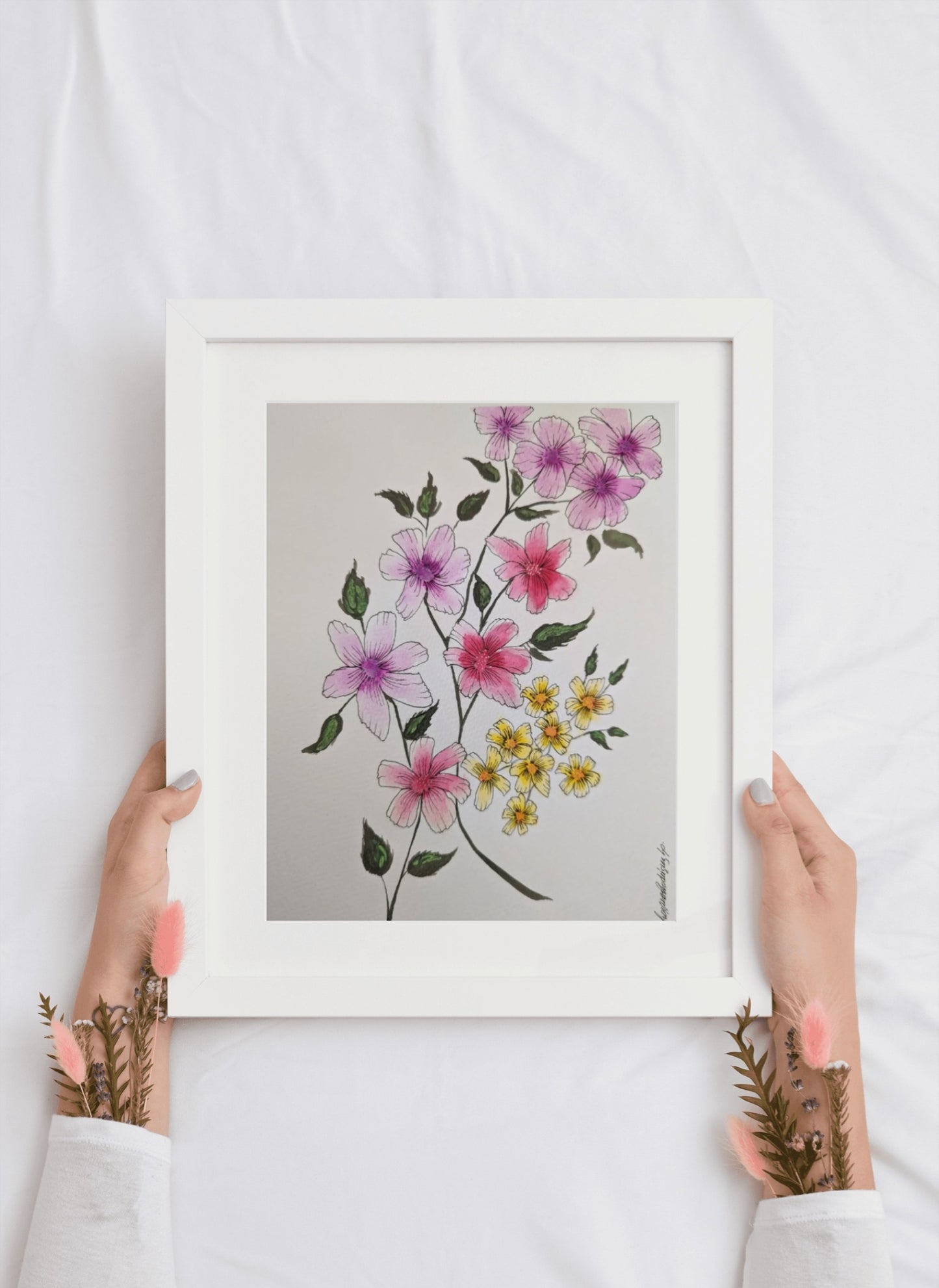 Original Watercolour floral painting - flowers artwork in Pink yellow and purple tones Size A4