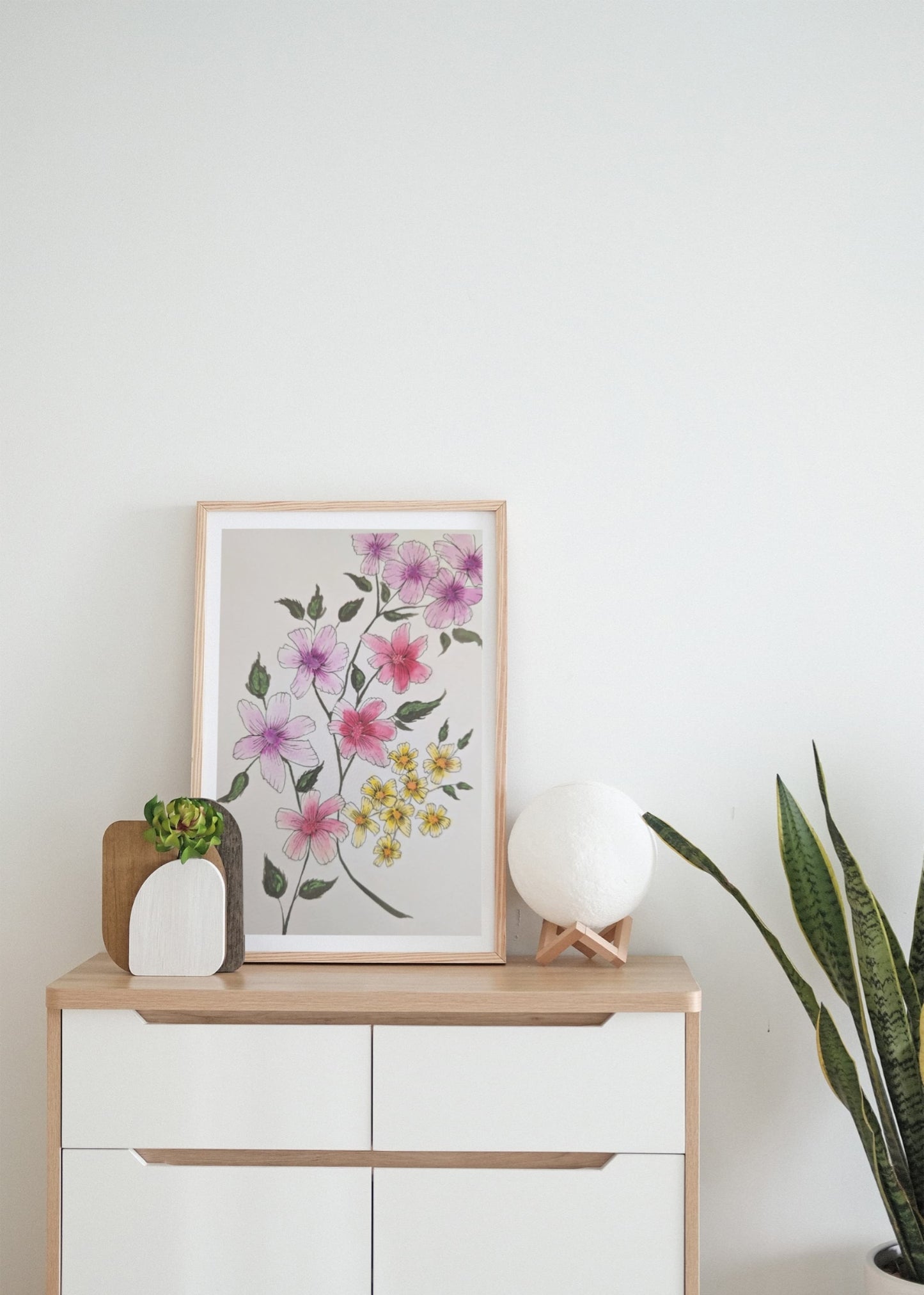 Original Watercolour floral painting - flowers artwork in Pink yellow and purple tones Size A4