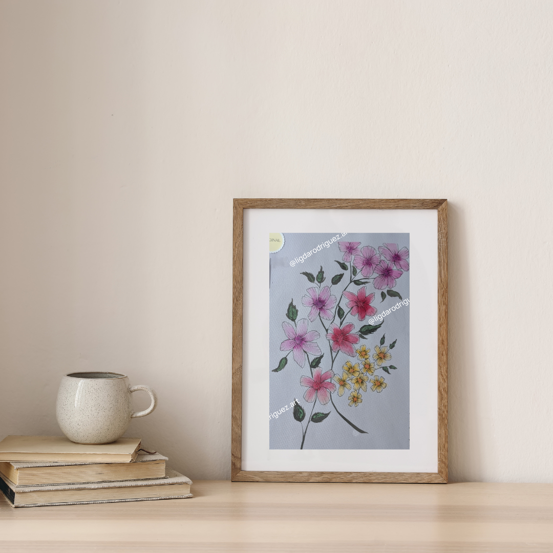 Original Watercolour floral painting - flowers artwork in Pink yellow and purple tones Size A4