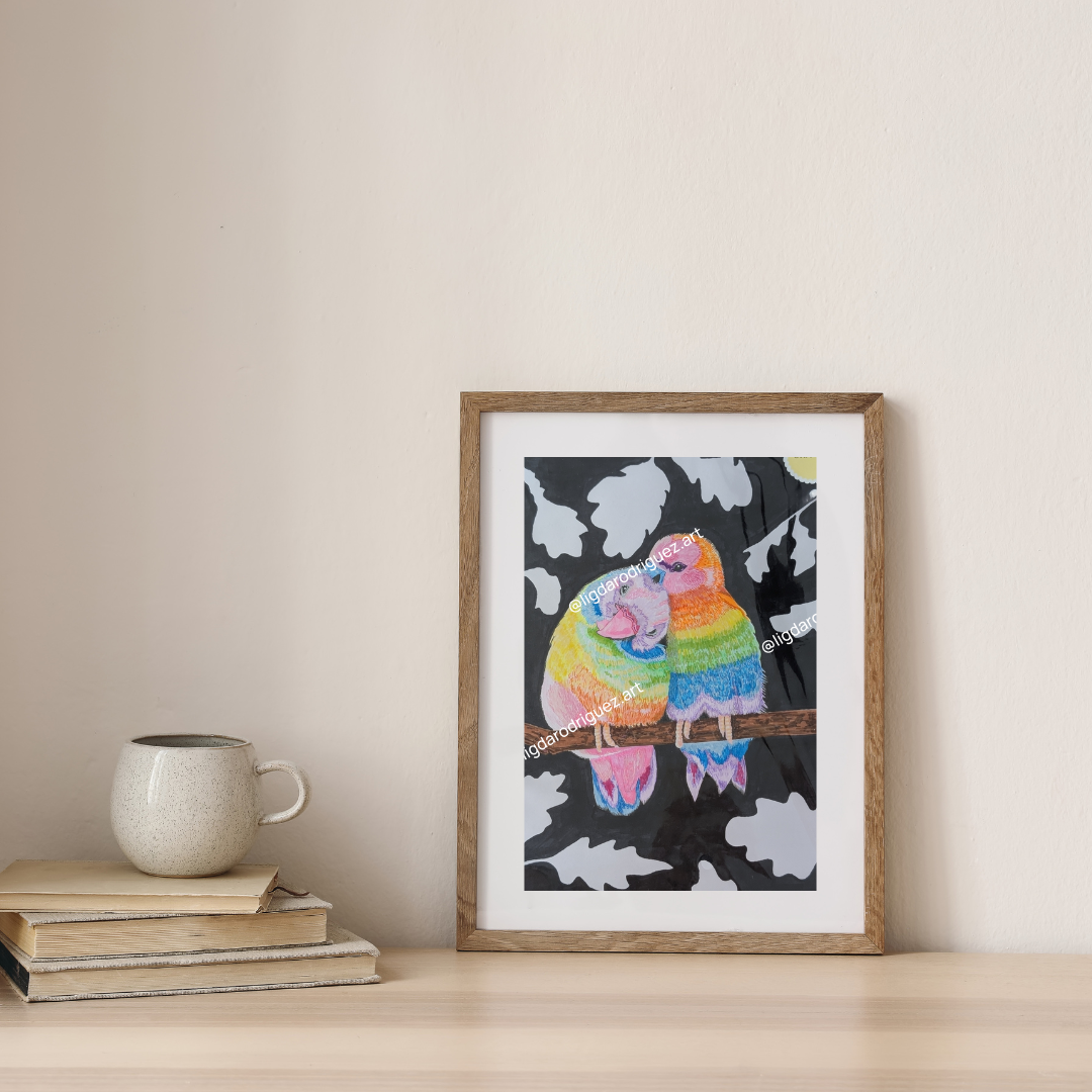 Original Bird's couple Multicolour drawing wall art size A4 in Markers and paper - Unframed