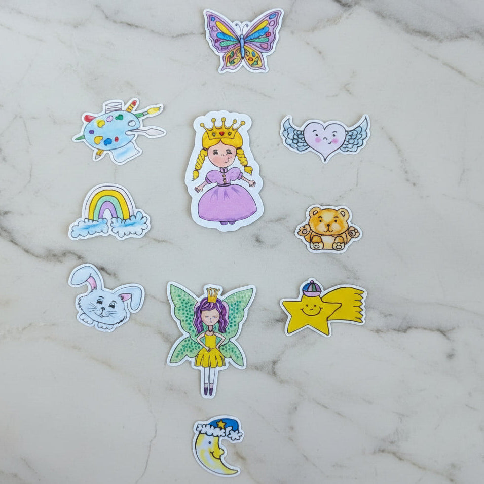 Stickers - GLOSSY Magical Enchanted Sticker Pack – 11 Whimsical Stickers | Princess, Fairy, Rainbow & More | Original Hand-Drawn Art| approx 50mm