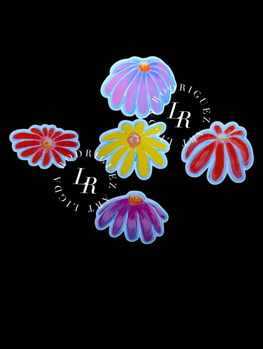 Stickers - GLOSSY Flower Sticker Pack – 5 Waterproof Floral Stickers | 5cm Wide | Yellow, Red & Purple Blossoms | Laptop, Journal, Scrapbook | 50mm