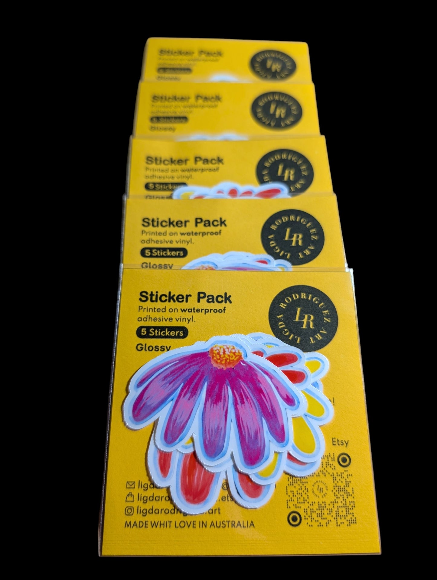 Stickers - GLOSSY Flower Sticker Pack – 5 Waterproof Floral Stickers | 5cm Wide | Yellow, Red & Purple Blossoms | Laptop, Journal, Scrapbook | 50mm