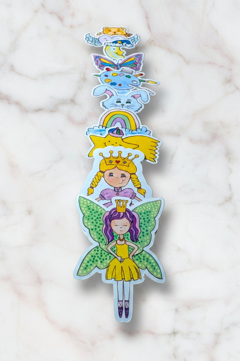 Stickers - GLOSSY Magical Enchanted Sticker Pack – 11 Whimsical Stickers | Princess, Fairy, Rainbow & More | Original Hand-Drawn Art| approx 50mm
