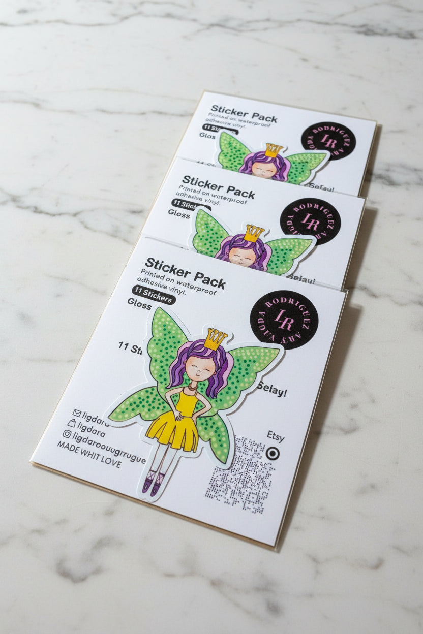 Stickers - GLOSSY Magical Enchanted Sticker Pack – 11 Whimsical Stickers | Princess, Fairy, Rainbow & More | Original Hand-Drawn Art| approx 50mm