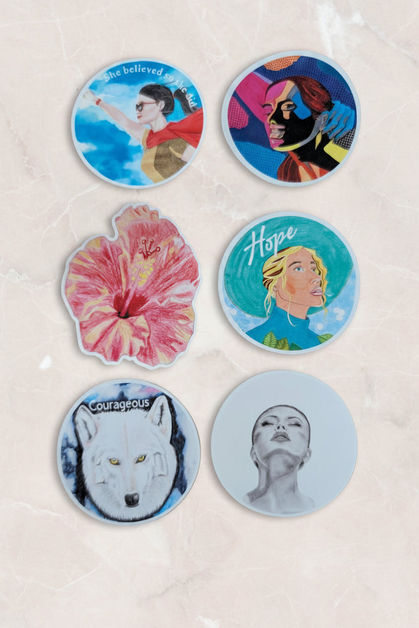 Stickers - 6 pack GLOSSY Artistic and empowering Quote Sticker Pack – Original Artwork | Set of 6 | Inspirational Waterproof Stickers | approx 50mm