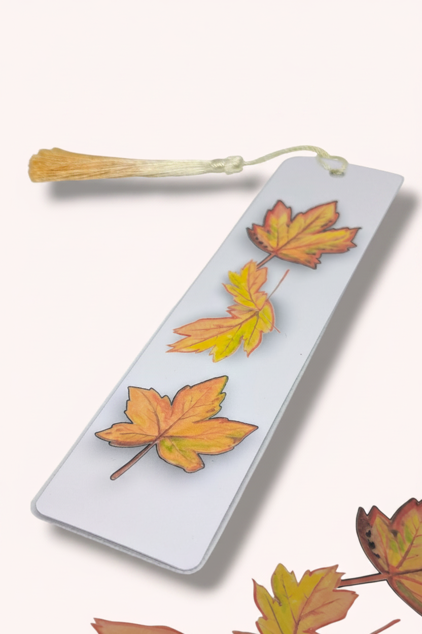 Bookmark Autumn Leave Art with Tassel – Laminated Mini Artwork | Gift for Book Lovers