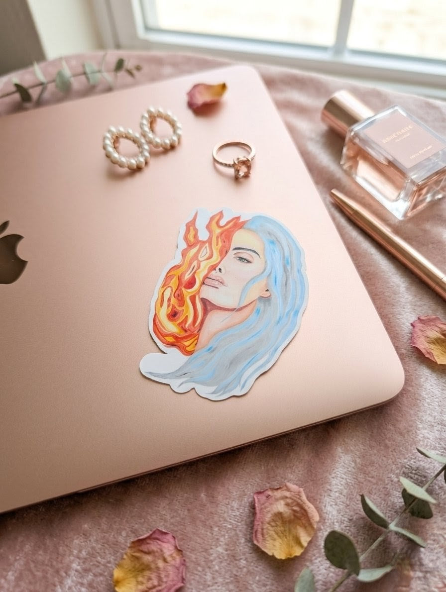 Sticker Fire & Ice Woman Waterproof Vinyl | Fantasy Art Sticker | Weatherproof Decal