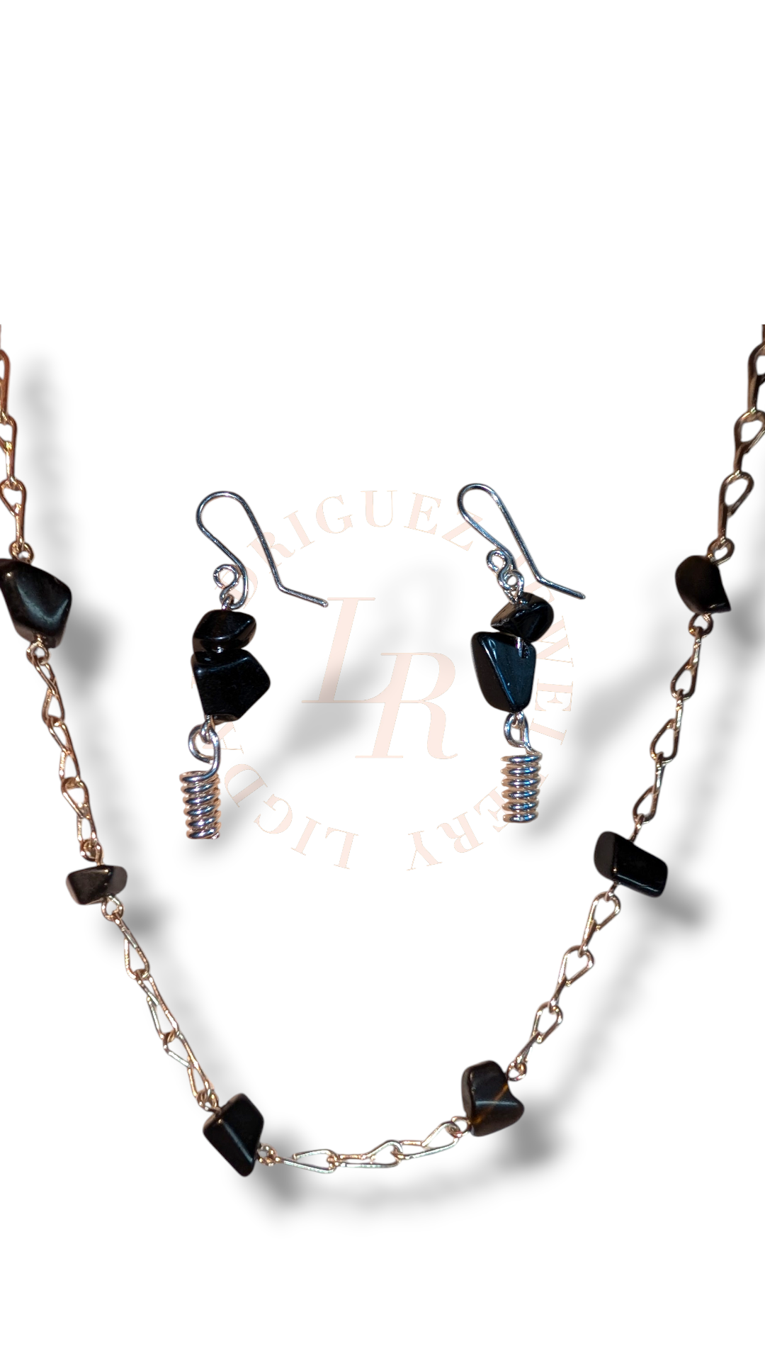 Handmade Silver-Plated Copper Necklace & Earrings Set – Minimalist Black Stone Jewelry Set