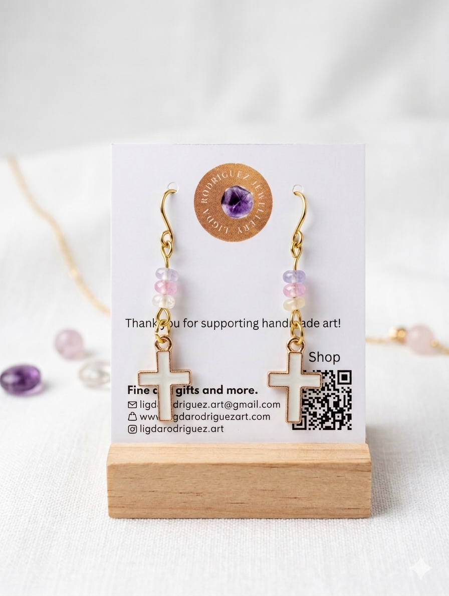 Earrings - Handmade Pastel Cross Earrings – Gold Dangle | Lightweight Faith-Inspired Jewellery