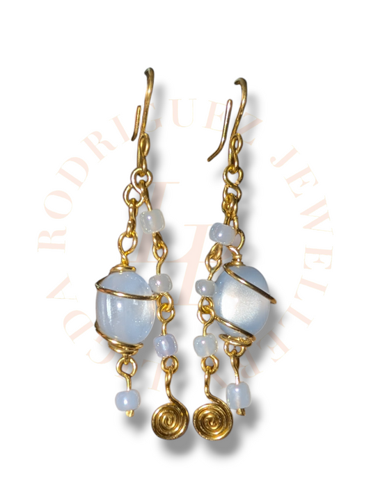 Handmade Blue Drop Earrings – Gold Wire Wrapped, Boho Elegant Lightweight Jewellery