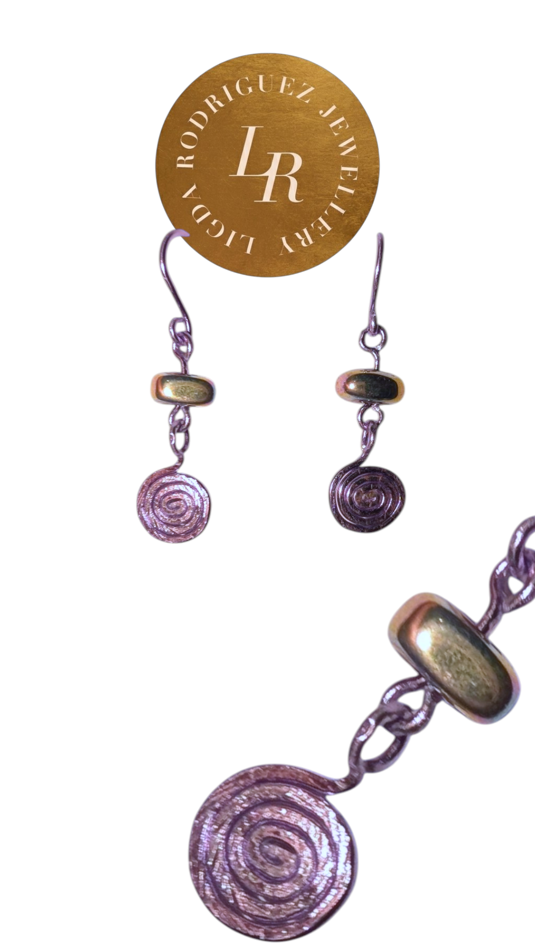 Earrings - Handmade Purple Spiral Drop Earrings with Iridescent Hematite