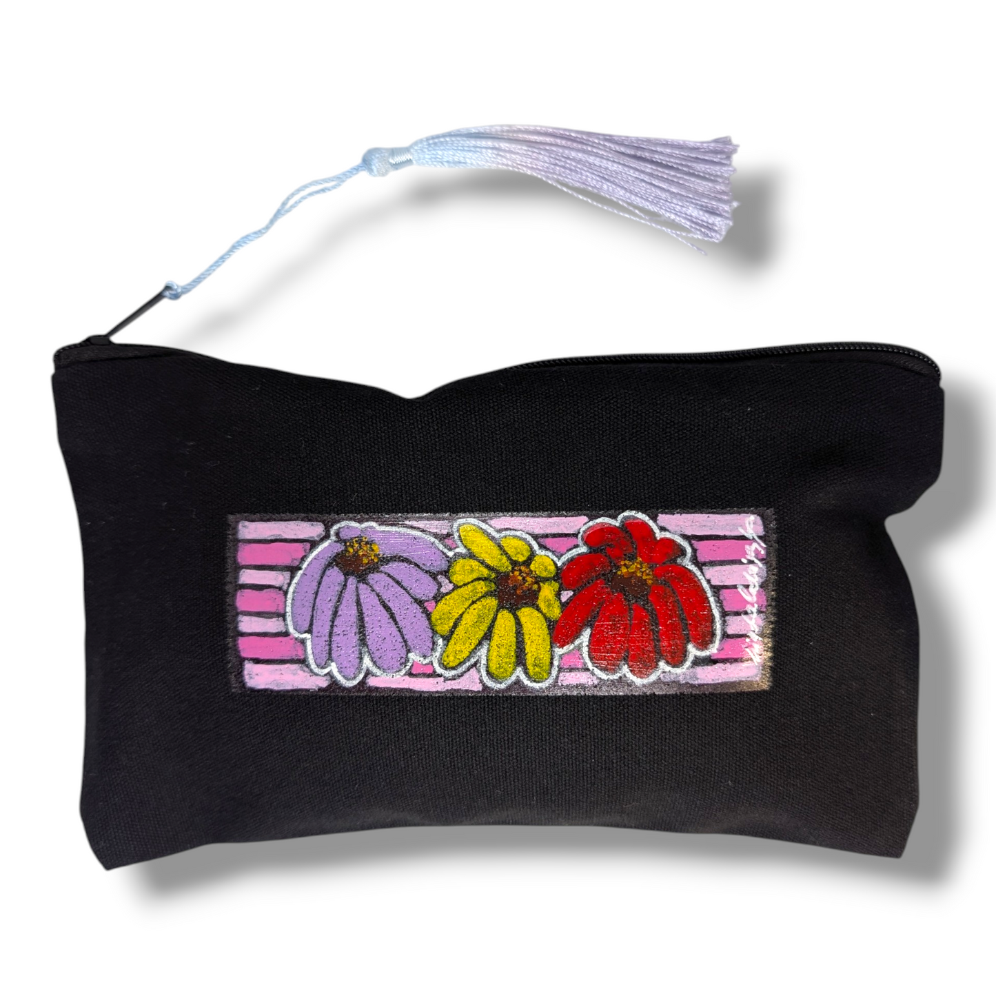 Pouch Floral - Hand-Painted Floral Canvas Zipper Pouch | Mini Art Cosmetic Bag | Handmade Tassel Pouch