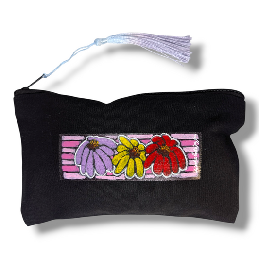 Pouch Floral - Hand-Painted Floral Canvas Zipper Pouch | Mini Art Cosmetic Bag | Handmade Tassel Pouch
