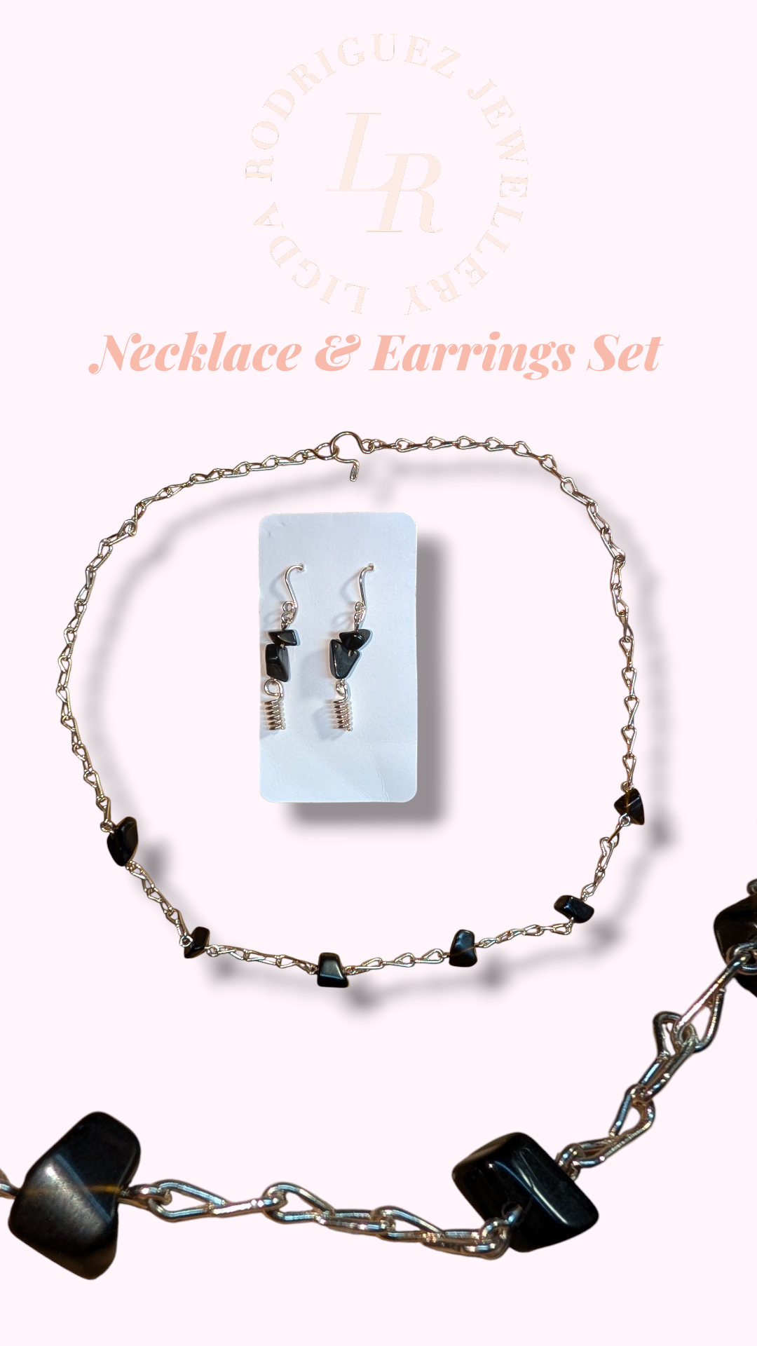 Handmade Silver-Plated Copper Necklace & Earrings Set – Minimalist Black Stone Jewelry Set