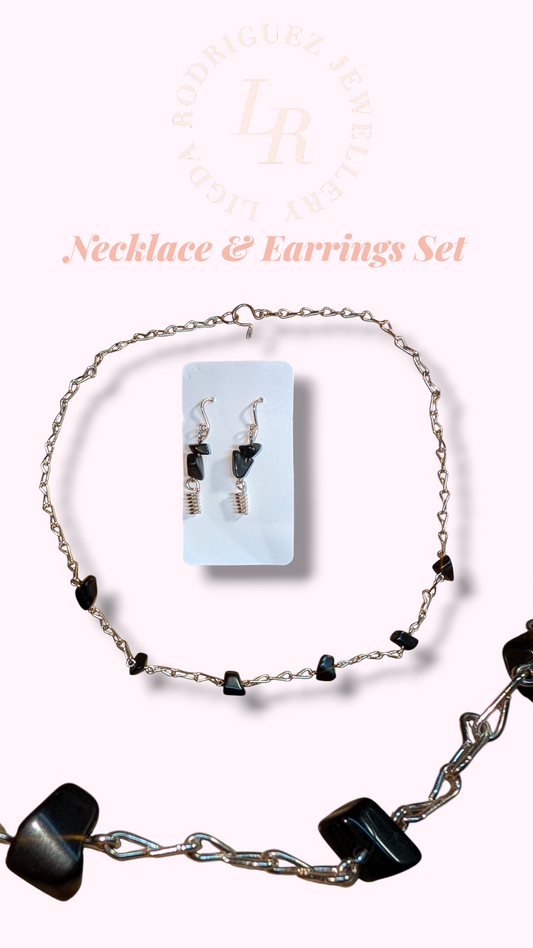Handmade Silver-Plated Copper Necklace & Earrings Set – Minimalist Black Stone Jewelry Set