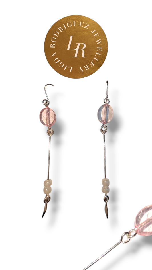 Earrings - Delicate Pink Dangles in Shimmering Silver (Handmade on Copper Base)