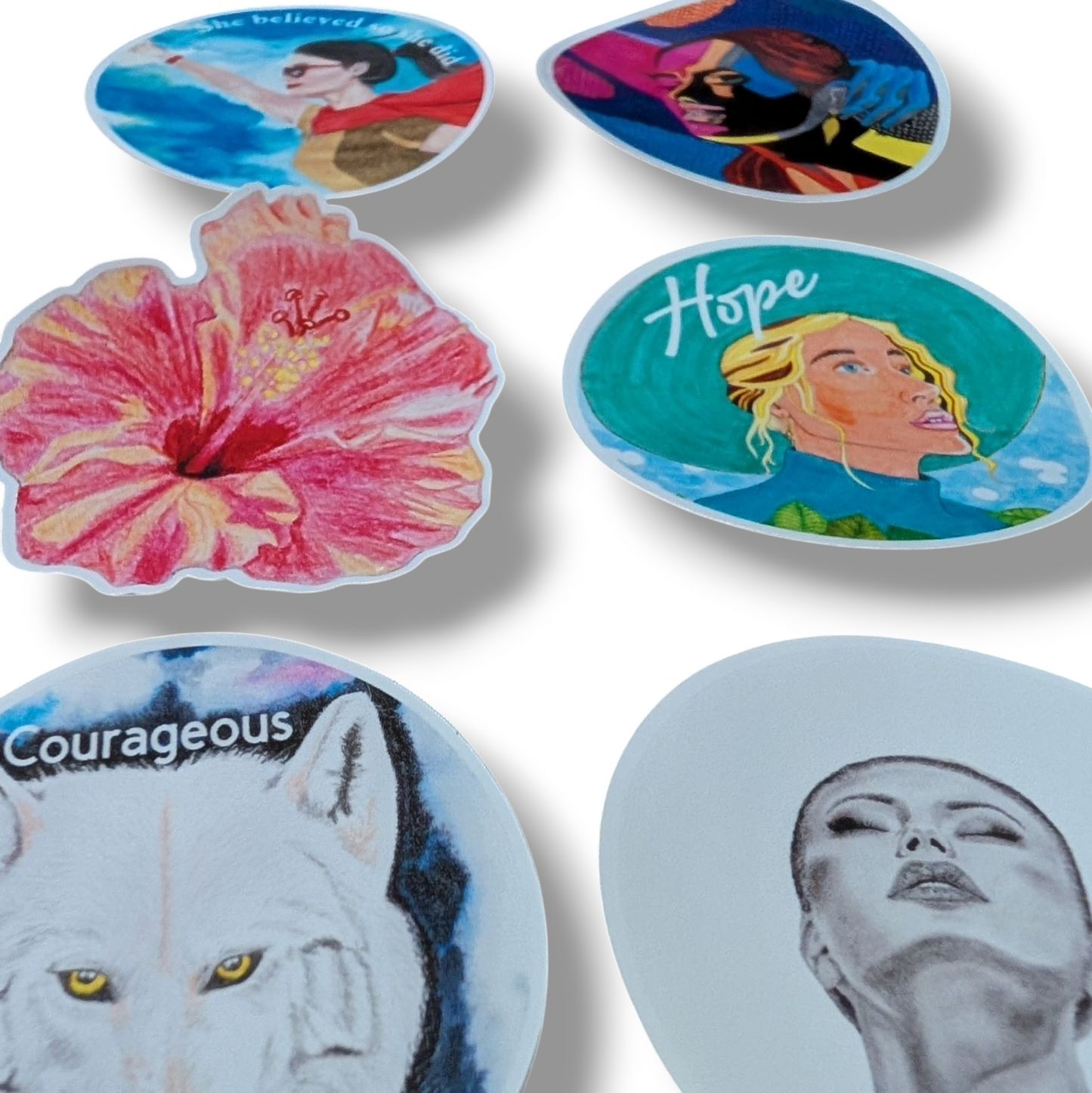 Stickers - 6 pack GLOSSY Artistic and empowering Quote Sticker Pack – Original Artwork | Set of 6 | Inspirational Waterproof Stickers | approx 50mm
