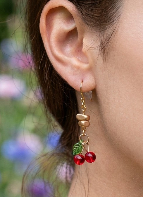 Handmade Cherry Drop Earrings – Gold Wire Beaded Dangle Earrings