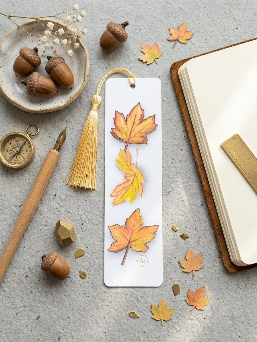 Bookmark Autumn Leave Art with Tassel – Laminated Mini Artwork | Gift for Book Lovers