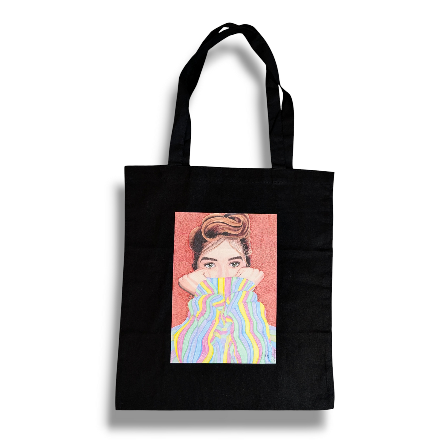 Tote Bag - Handmade portrait - cosy vibes - multicolour sweater - black tote bag