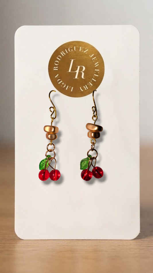 Handmade Cherry Drop Earrings – Gold Wire Beaded Dangle Earrings