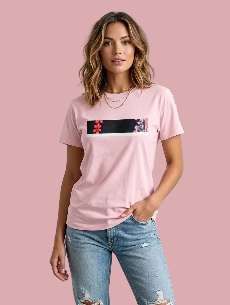 T-shirt Rose pink & black Floral Box Cotton Tee