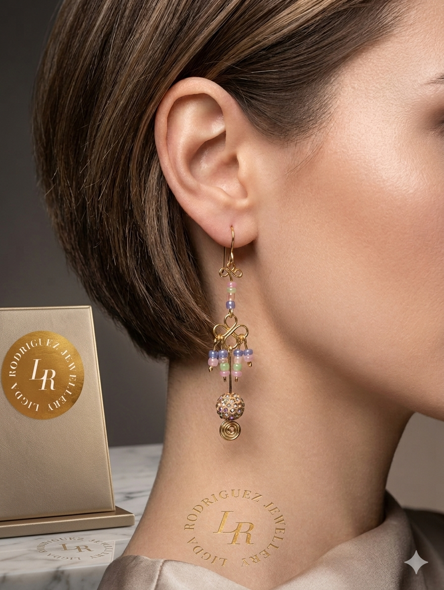 Pastel Beaded Wirework Dangle Earrings – Handmade Statement Piece