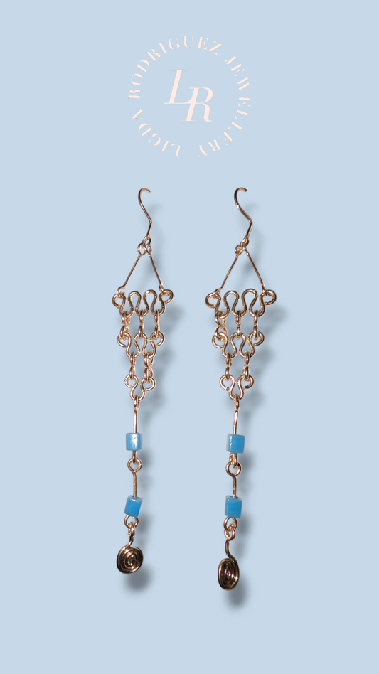 Silver Layered Woven Copper and Blue Bead Dangle Earrings