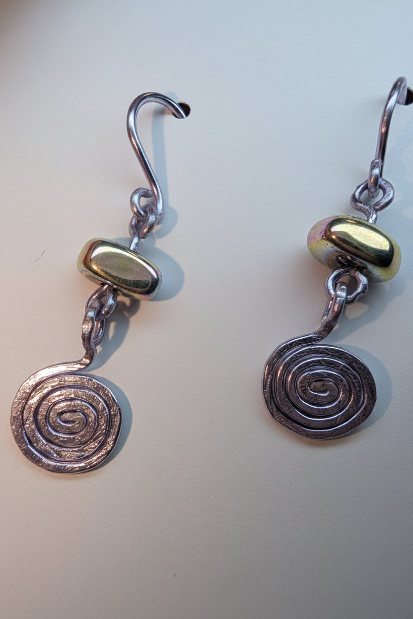 Earrings - Handmade Purple Spiral Drop Earrings with Iridescent Hematite