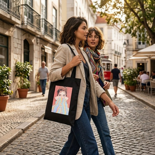 Tote Bag - Handmade portrait - cosy vibes - multicolour sweater - black tote bag