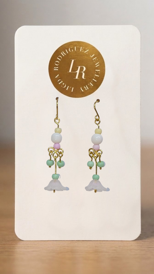 Elegant Artisan Beaded Chandelier Earrings – Multi-Color Pastel with Floral Detail