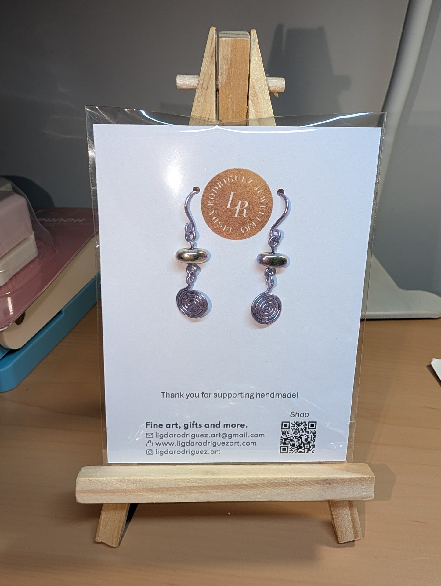 Earrings - Handmade Purple Spiral Drop Earrings with Iridescent Hematite