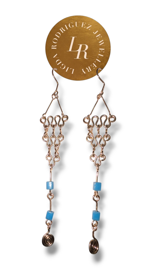 Earrings - Silver Layered Woven Copper and Blue Bead Dangle Earrings