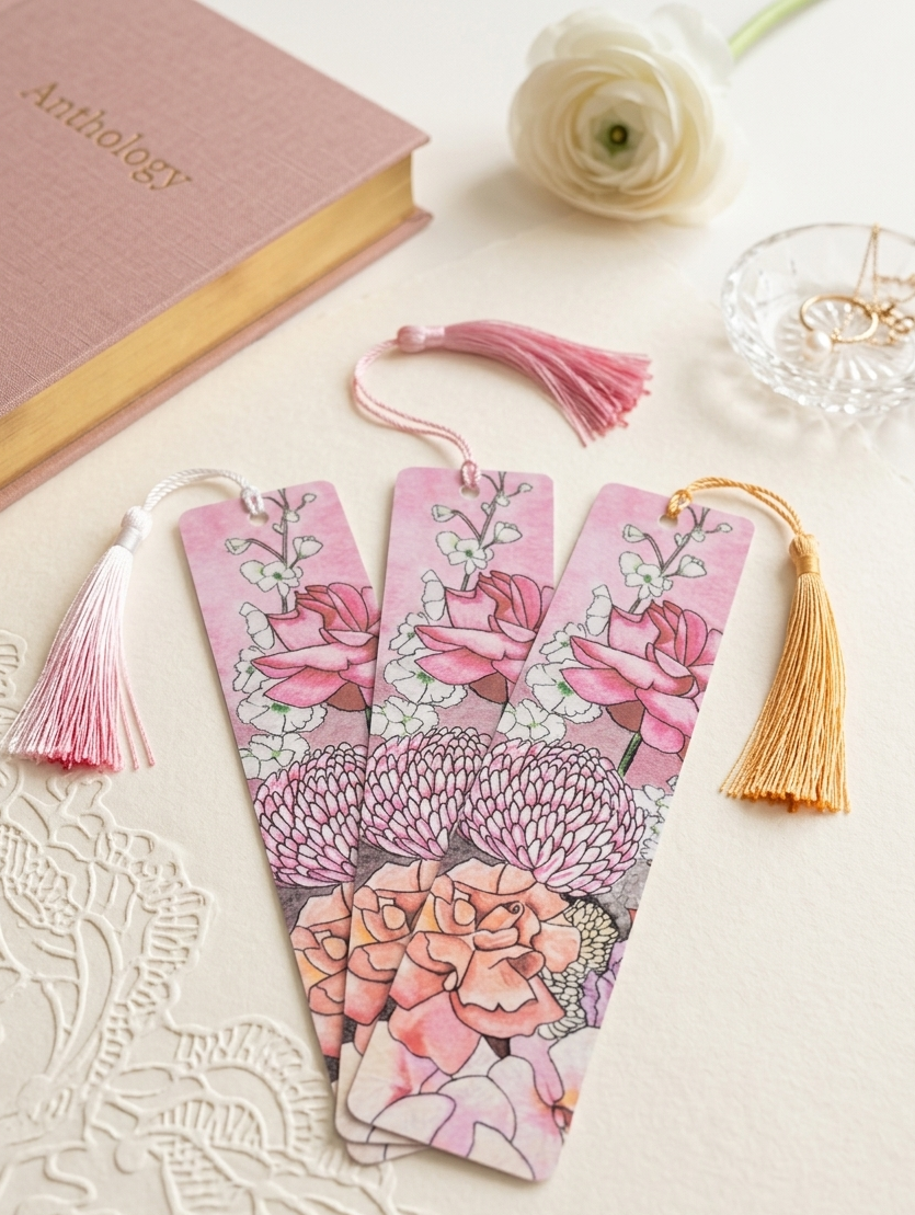Bookmark Floral Art with Tassel – Laminated Mini Artwork | Gift for Book Lovers