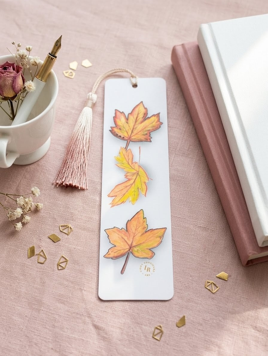 Bookmark Autumn Leave Art with Tassel – Laminated Mini Artwork | Gift for Book Lovers