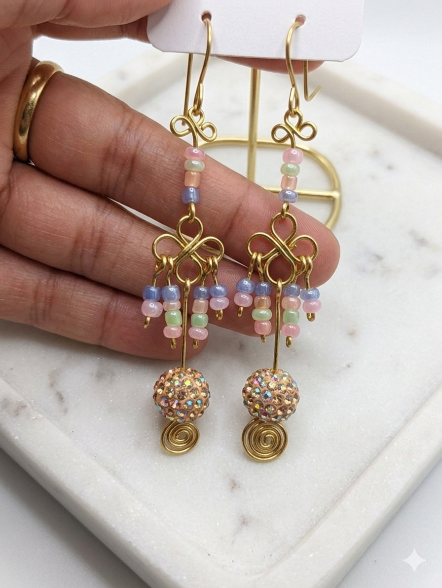 Earrings - Pastel Beaded Wirework Dangle Earrings – Handmade Statement Piece