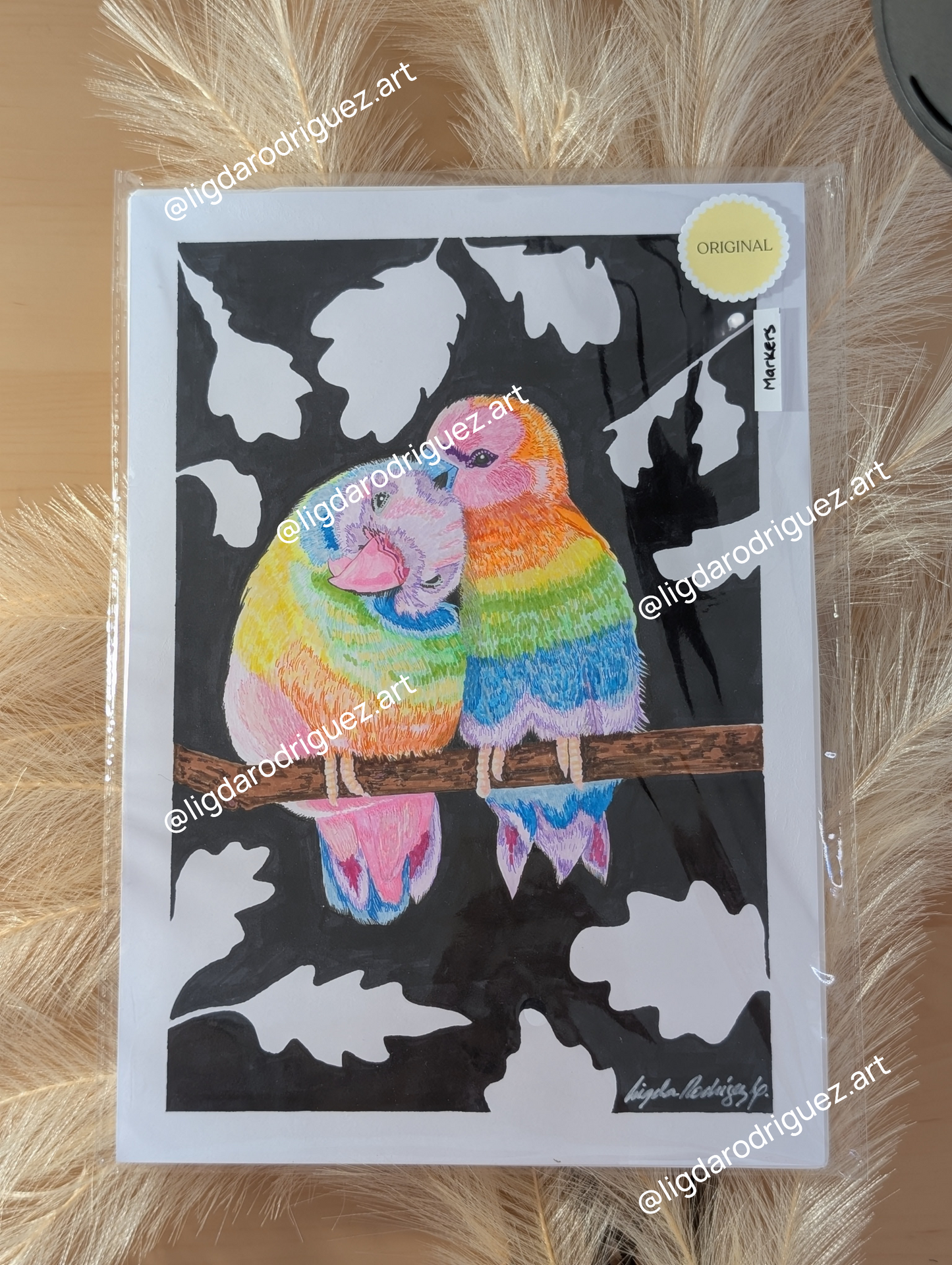 Original Bird's couple Multicolour drawing wall art size A4 in Markers and paper - Unframed
