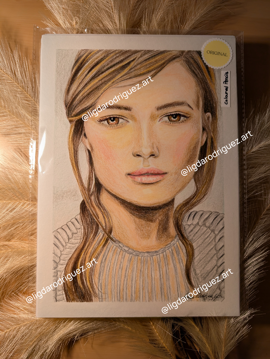 Original Coloured pencil portrait "Cozy Hazel" on paper size A4 Wall decor - Unframed