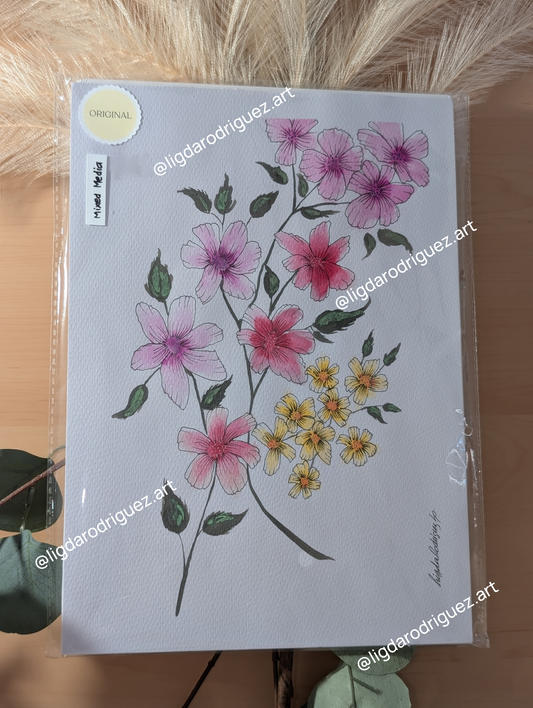 Original Watercolour floral painting - flowers artwork in Pink yellow and purple tones Size A4