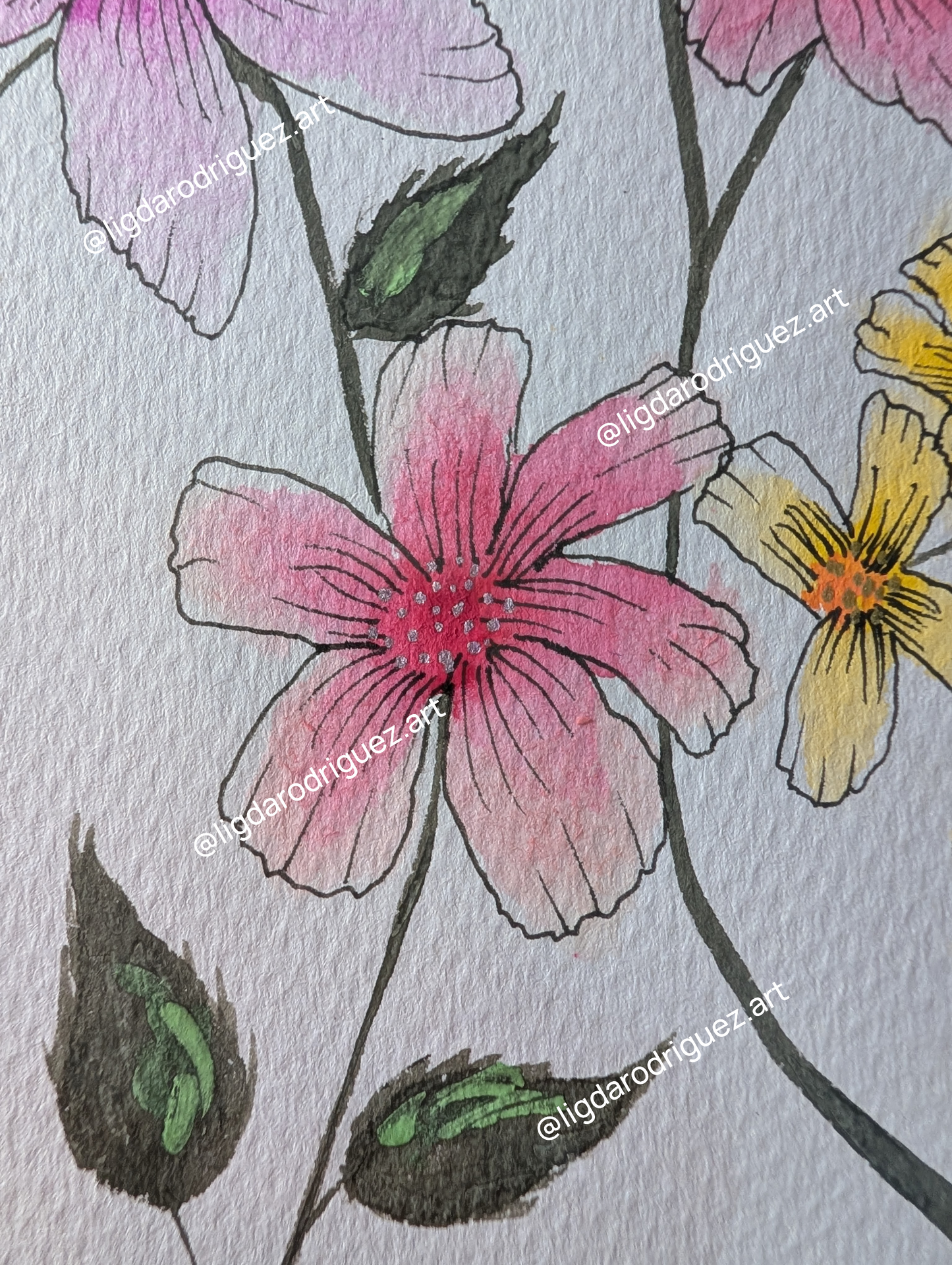 Original Watercolour floral painting - flowers artwork in Pink yellow and purple tones Size A4