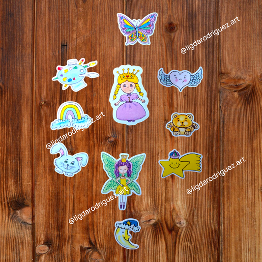 Stickers - GLOSSY Magical Enchanted Sticker Pack – 11 Whimsical Stickers | Princess, Fairy, Rainbow & More | Original Hand-Drawn Art| approx 50mm