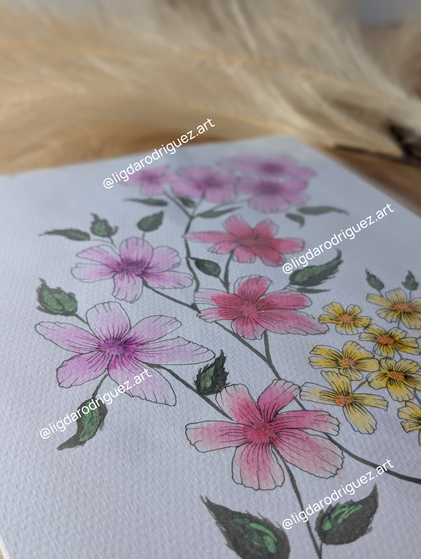 Original Watercolour floral painting - flowers artwork in Pink yellow and purple tones Size A4