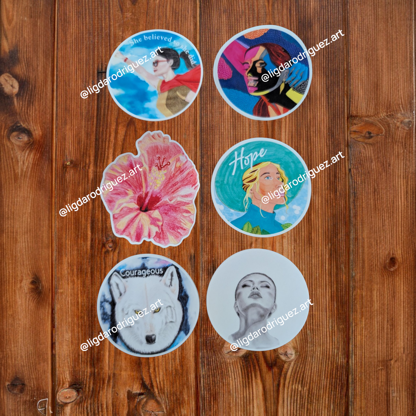 Stickers - 6 pack GLOSSY Artistic and empowering Quote Sticker Pack – Original Artwork | Set of 6 | Inspirational Waterproof Stickers | approx 50mm